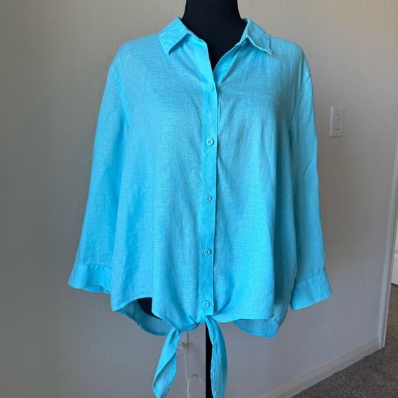 Chicos 100% LINEN Sz XL No Iron Aqua Blue Front Tie Spring Top Coastal Casual - Picture 1 of 8